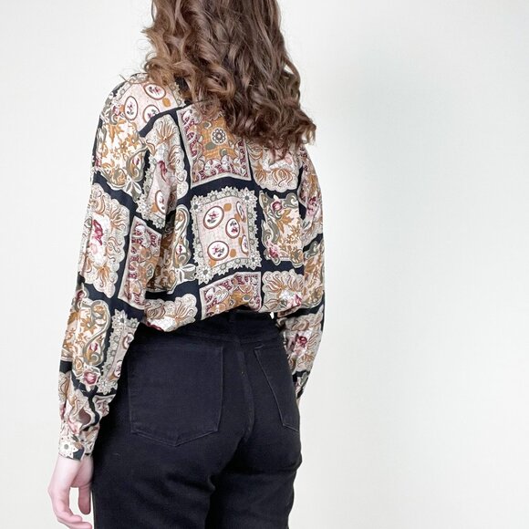 Vintage Floral Eccentric Print Button Down Shirt Eclectic Grandpa Grandma Blouse - Picture 2 of 6